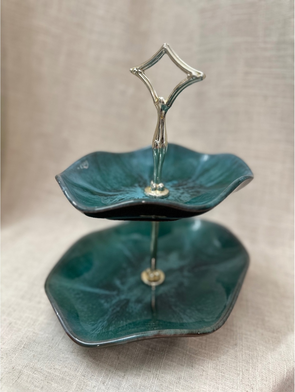Vintage Blue Mountain Pottery 2 Tier Tidbit Serving Tray Canada Green Drip Glaze